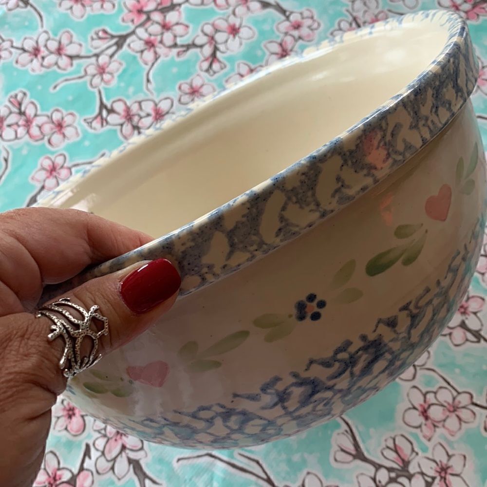 Blue Spongeware Large Mixing Bowl Pottery Floral Stencil